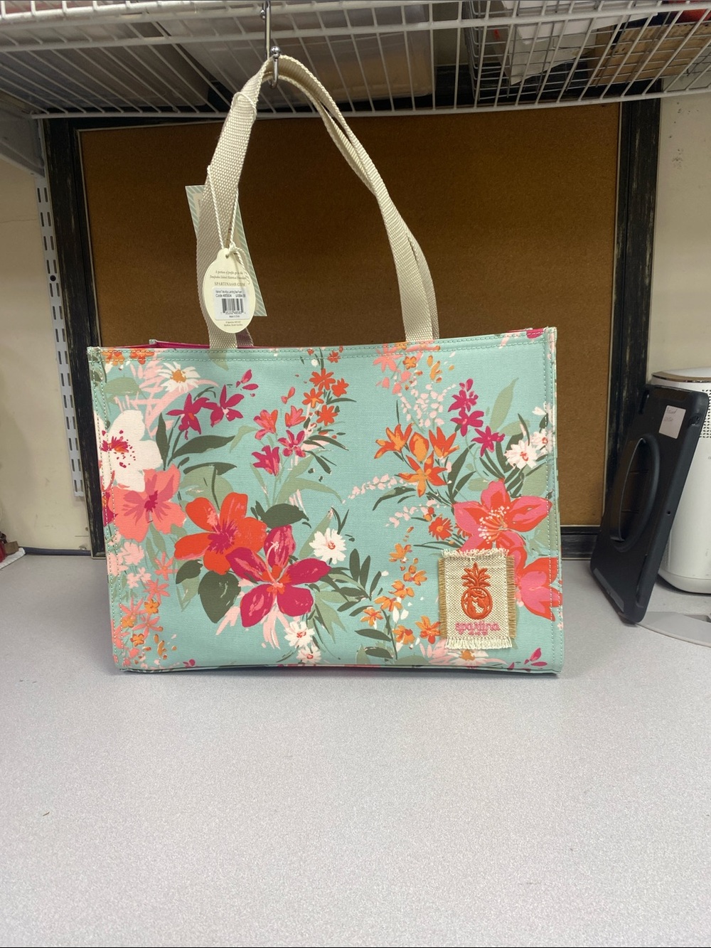 Spartina 449 Floral Tote - Mint with Coral and Pink Accents